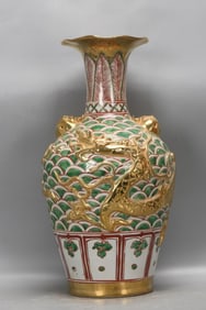A RED-AND-GREEN WITH GILT APPLIQUé 'DRAGON' VASE