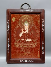 A HONGMU PAINTED AND PORCELAIN-INLAID CLOISONNé ENAMEL THANGKA HANGING PANEL