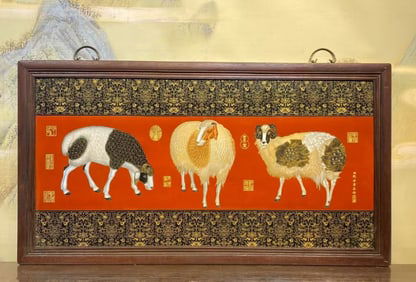 A HONGMU AND PORCELAIN-INLAID CLOISONNé ENAMEL 'THREE GOATS' CENTRAL HANGING PANEL