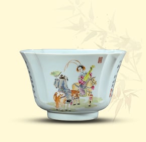 A FAMILLE-ROSE 'FIGURE-AND-POEM' CHRYSANTHEMUM-SHAPED BOWL