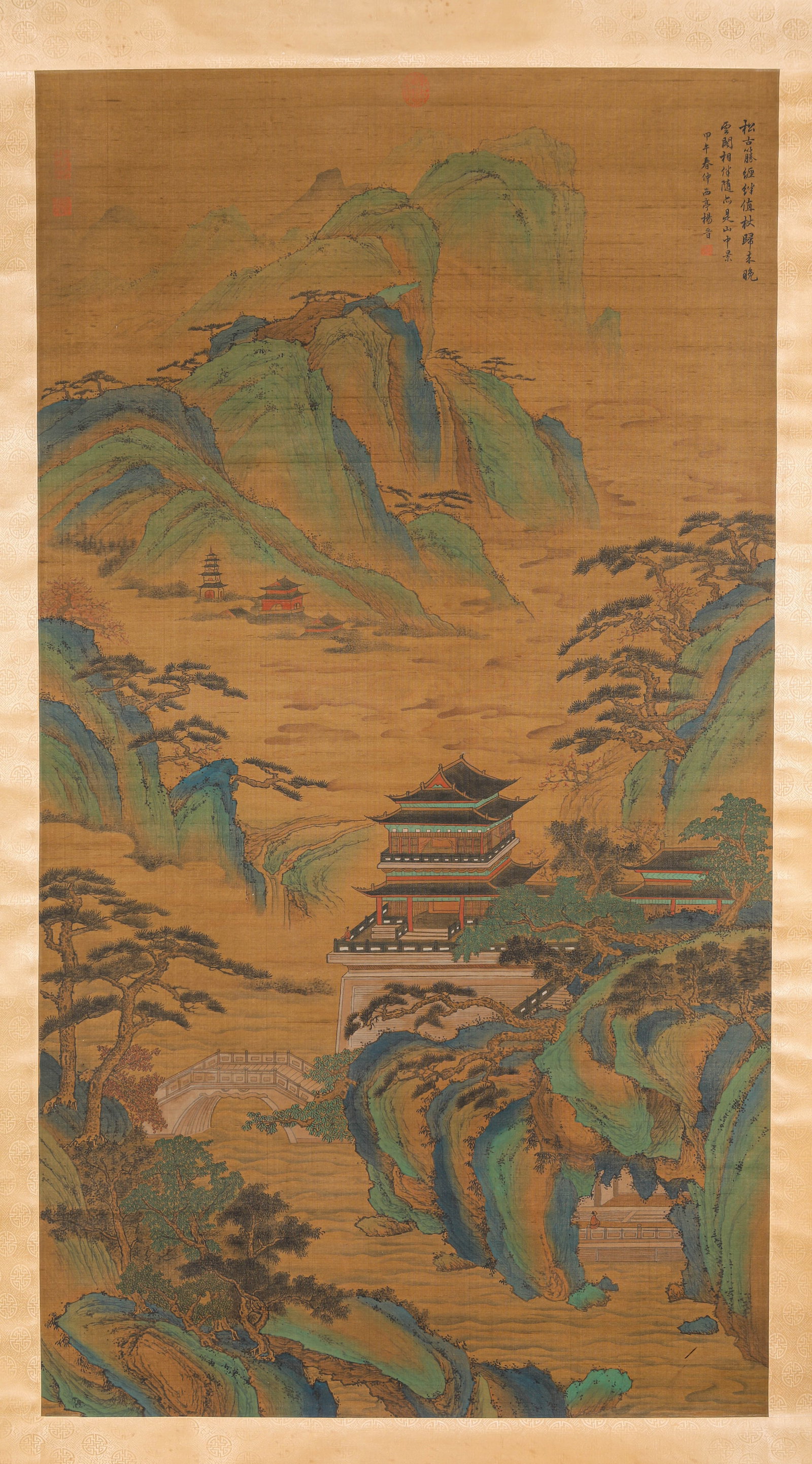 YANG JIN (1644-1728), ATTRIBUTED TO, PAVILION AND TOWER: YANG JIN (1644-1728), ATTRIBUTED TO, PAVILION AND TOWER Dimensions: Width: 97 cm (38.19 in) x Height: 178 cm (70.08 in). All measurements are approximate.