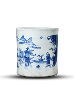 A BLUE AND WHITE 'LANDSCAPE-AND-FIGURE' BRUSHPOT