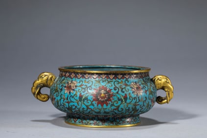 A CLOISONNé ENAMEL CENSER WITH ELEPHANT HANDLES