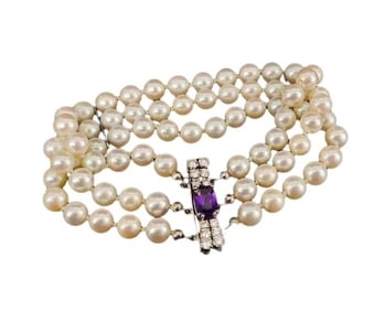 THREE-STRAND AKOYA PEARL BRACELET WITH OVERSIZE DIAMOND CLASP