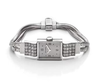 1950S FRENCH BOUCHERON ART DECO-STYLE 18K GOLD DIAMOND-SET MECHANICAL WRISTWATCH