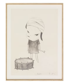 YOSHITOMO NARA SIGNED SKETCH OF "LITTLE GIRL PLAYING THE DRUM"
