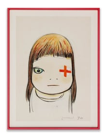 YOSHITOMO NARA SIGNED COLORED PENCIL WORK "LITTLE GIRL WITH RED CROSS EYES"