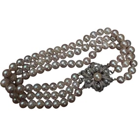 THREE-ROW AKOYA PEARL BRACELET WITH 835 SILVER ANTIQUE FLORAL CLASP