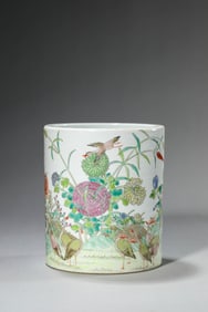 A FAMILLE-ROSE 'FLOWER-AND-BIRD' BRUSHPOT