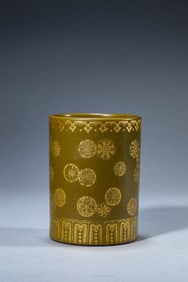A TEA-DUST GLAZED GILDED 'CHRYSANTHEMUM' BRUSHPOT