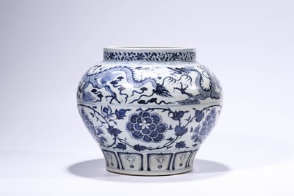 A BLUE AND WHITE 'INTERLOCKING FLOWERS AND DRAGON' JAR
