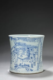 A BLUE AND WHITE 'FIGURE' BRUSHPOT