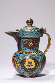 A CLOISONNé ENAMEL 'FLORAL' MONK'S CAP EWER WITH PANELS