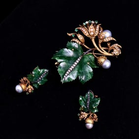 19K GOLD DIAMOND, PEARL AND GEMSTONE PARURE