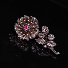 BELLE EPOQUE SILVER-TOPPED GOLD RUBY TREMBLANT FLOWER BROOCH