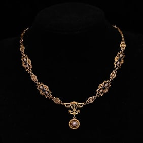 18K GOLD SAPPHIRE AND NATURAL PEARL NECKLACE