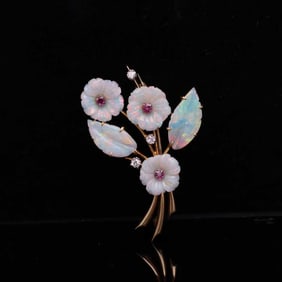 18K GOLD OPAL AND RUBY BROOCH