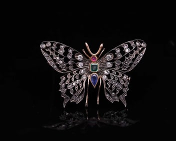 SILVER-TOPPED GOLD GEM-SET BUTTERFLY BROOCH