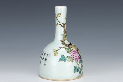 AN ENAMEL 'FLOWERS AND BIRDS' BELL-SHAPED VASE