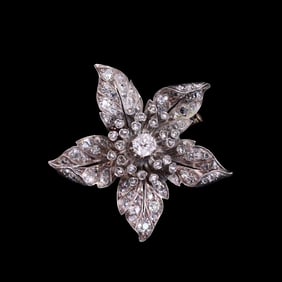 SILVER-TOPPED GOLD DIAMOND FLOWER BROOCH