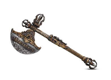 A TIBETAN SAKYA STYLE IRON AND GOLD 'DRAGON HEAD' RITUAL VAJRA KNIFE