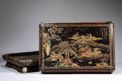 A GOLD LACQUERED BAMBOO 'HUNTING FIGURE' RECTANGULAR BOX WITH CHAMFERED CORNERS