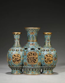 A CLOISONNé ENAMEL TRIPLE 'LONGEVITY' REVOLVING VASE