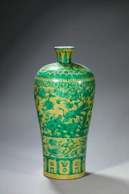 A YELLOW GROUND GREEN GLAZED 'FLOWER AND BIRD' MEIPING