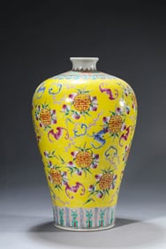 A YELLOW GROUND FAMILLE ROSE 'LONGEVITY' MEIPING