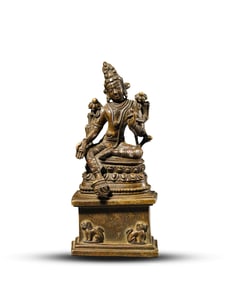 A TIBETAN PALA STYLE SILVER AND COPPER INLAID ALLOY COPPER GREEN TARA