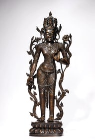 A TIBETAN PALA STYLE SILVER AND COPPER INLAID ALLOY COPPER GREEN TARA