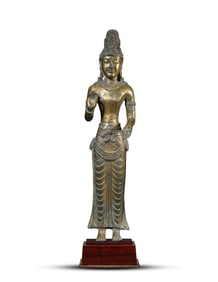 A GILT BRONZE STANDING FIGURE OF AVALOKITESHVARA