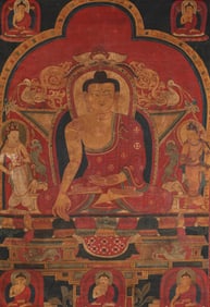 A TIBETAN SAKYA STYLE MINERAL PIGMENT FIGURE OF SHAKYAMUNI