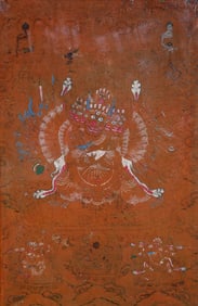 A CINNABAR PAINTED THANGKA OF YAMANTAKA