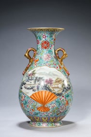 A TURQUOISE GROUND FAMILLE ROSE 'LANDSCAPE AND FIGURE' VASE