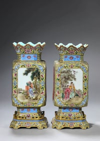 A PAIR OF LEMON YELLOW GROUND FAMILLE ROSE 'EIGHT IMMORTALS' VASES