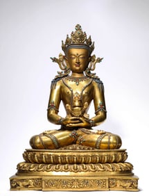 A TIBETAN DENSATIL STYLE SILVER INLAID FIGURE OF AMITAYUS