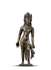 A TIBETAN GUGE STYLE SILVER AND COPPER INLAID ALLOY COPPER FIGURE OF PADMAPANI