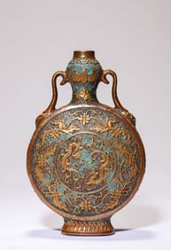 A BRONZE GLAZED GILDED 'INTERLOCKING BAT AND DRAGON' MOONFLASK