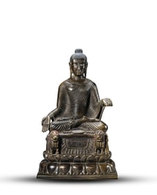A SWAT STYLE SILVER INLAID ALLOY COPPER FIGURE OF SHAKYAMUNI