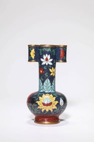 A CLOISONNé ENAMEL 'FLORAL' VASE WITH TUBE HANDLES