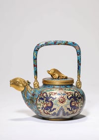 A CLOISONNé ENAMEL 'DOUBLE-DRAGON' POT WITH SWING HANDLE