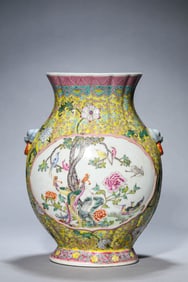 A LEMON-YELLOW GROUND FAMILLE-ROSE 'FLOWER-AND-BIRD' VASE