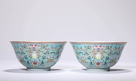 A PAIR OF SKY-BLUE GLAZED 'BAT-AND-FLOWER' BOWLS