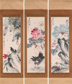 WANG XUETAO (1903-1982), ATTRIBUTED TO, FLOWER-AND-BIRD (THREE-PANEL SCREEN)