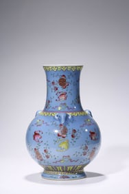 A BLUE-GROUND FAMILLE-ROSE 'LONGEVITY' VASE