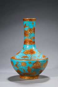 A BLUE-GROUND CORAL-RED GILDED 'FLORAL' VASE