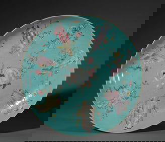 A TURQUOISE-GROUND FAMILLE-ROSE 'FIGURES' DISH