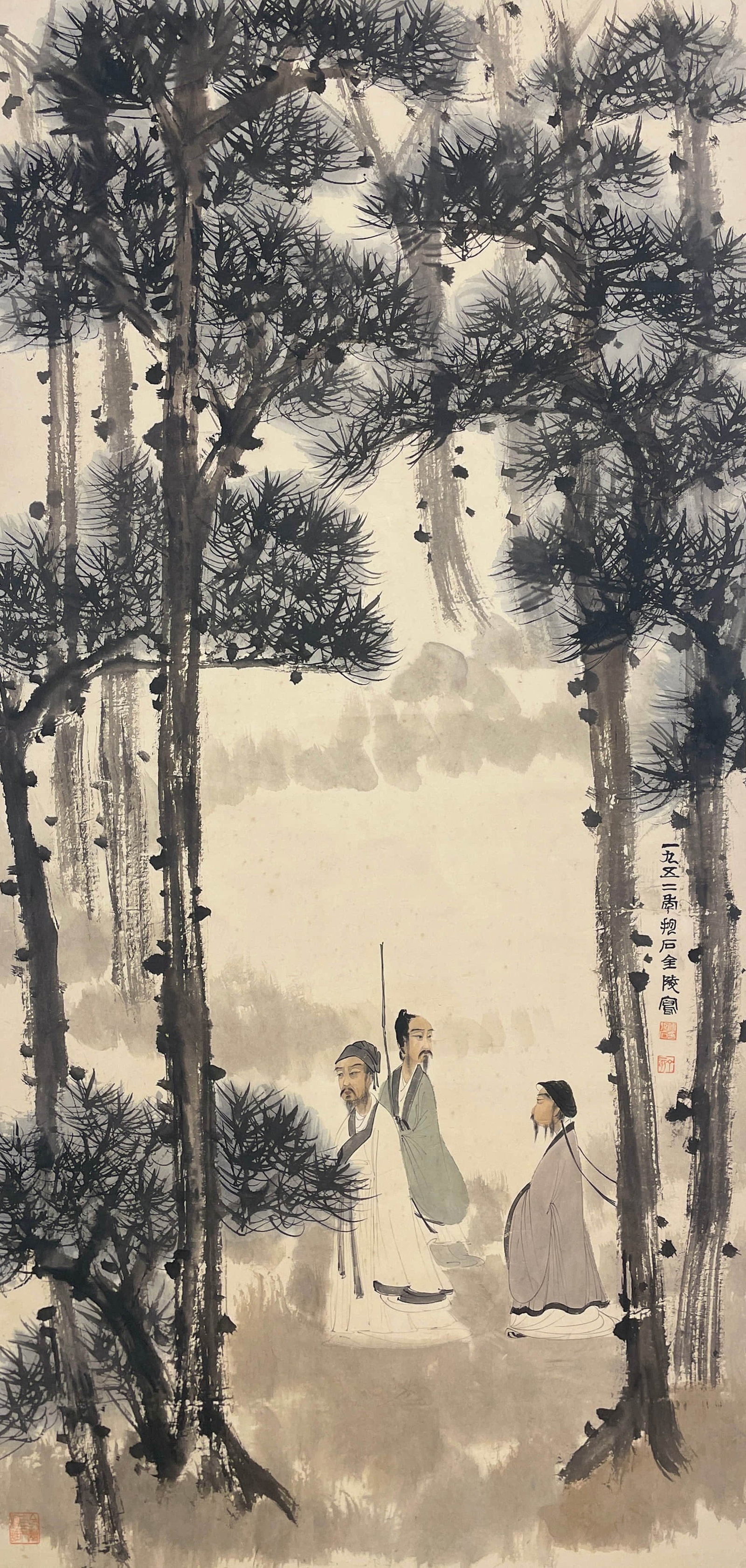 FU BAOSHI (1904-1965), ATTRIBUTED TO, THREE ELDERS UNDER A TREE: FU BAOSHI (1904-1965), ATTRIBUTED TO, THREE ELDERS UNDER A TREE Dimensions: 139 x 66 cm (54.72 x 25.98 in.). All measurements are approximate.