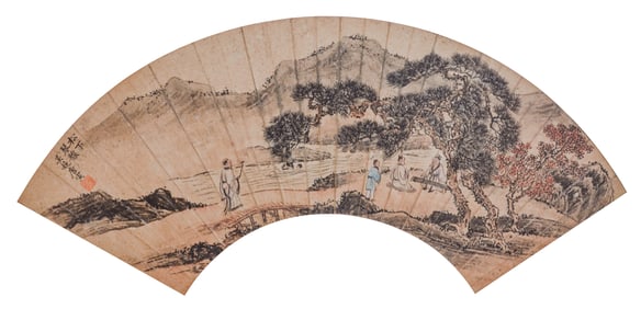 TANG YIN (1470-1524), ATTRIBUTED TO, ZITHER MELODY UNDER A PINE TREE (FAN LEAF)